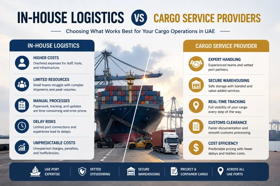 In-House Logistics vs Cargo Service Providers in UAE Comparison In-house logistics vs cargo service providers in UAE comparing customs, warehousing, tracking and cargo operations.