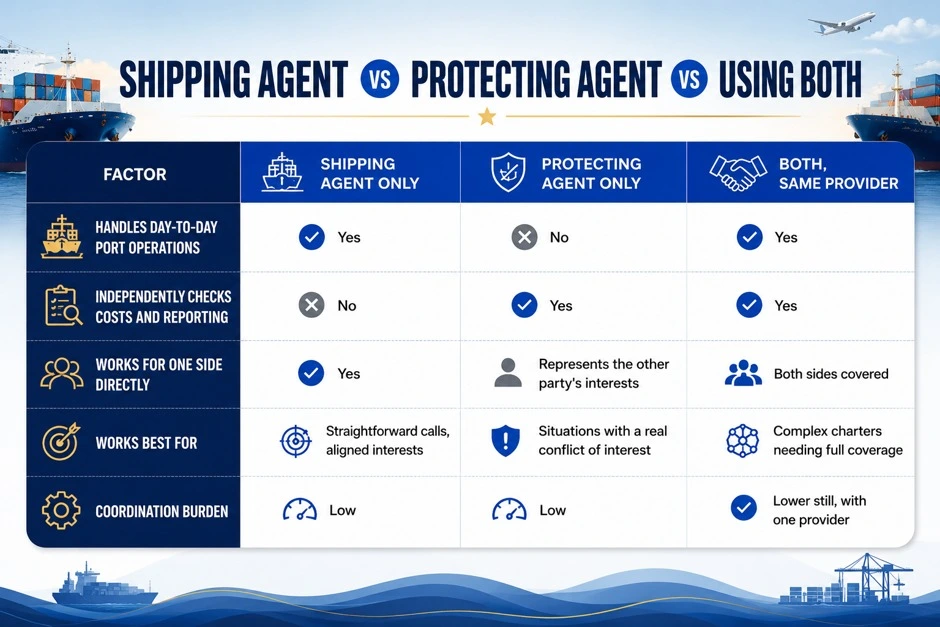 Shipping Agent vs Protecting Agent comparison table highlighting port operations, cost verification, and vessel support services. 