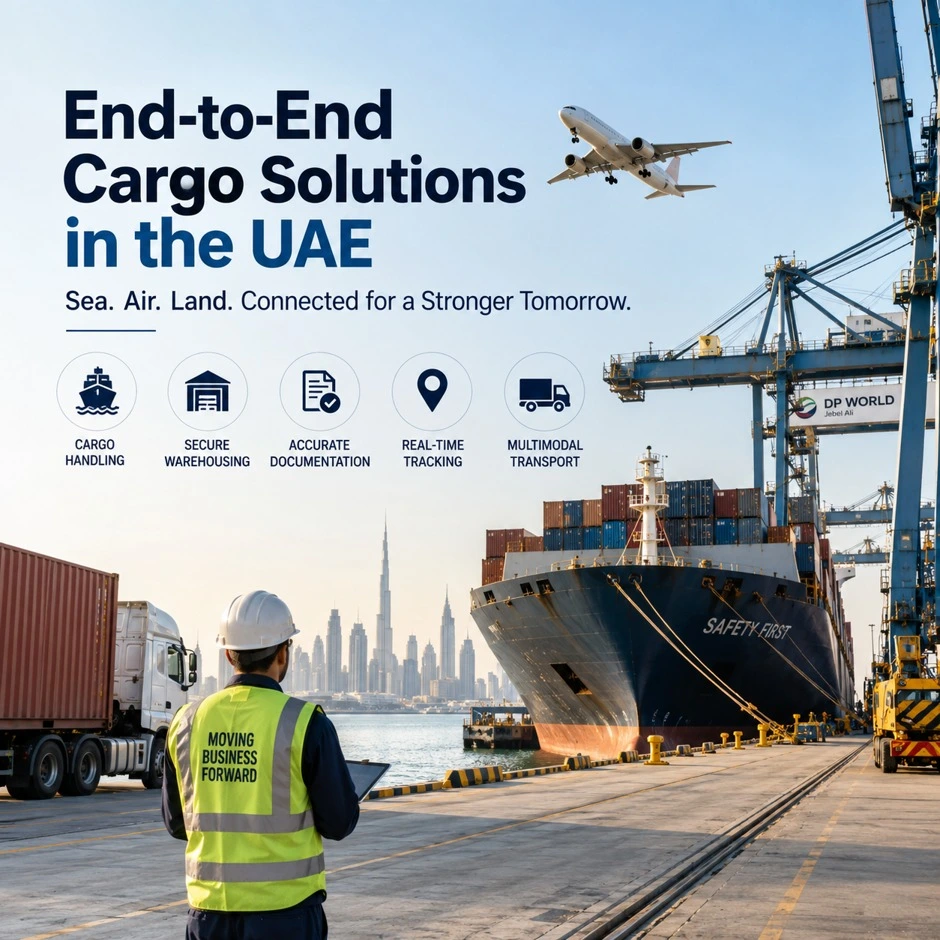 Cargo service in UAE featuring sea, air and land logistics, secure cargo handling, real-time tracking, warehousing and port operations. 