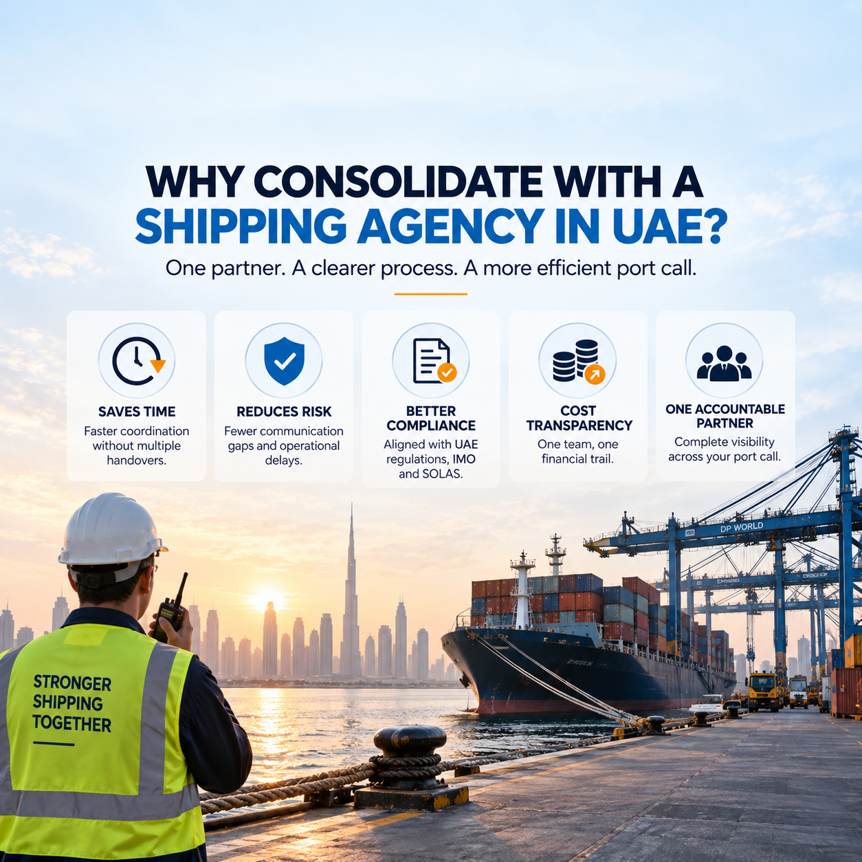 Shipping agency in UAE helping streamline port calls by reducing operational risk, improving compliance, ensuring cost transparency, and providing one accountable partner. 